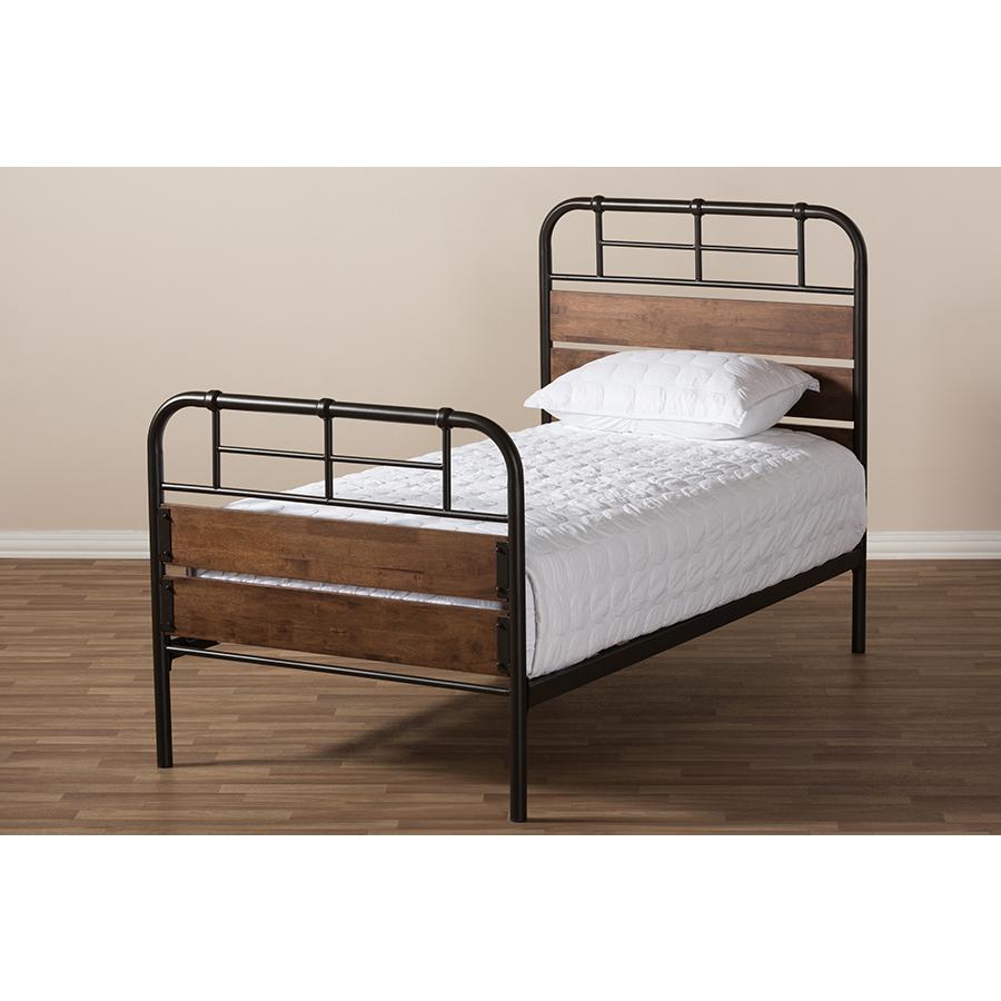 Industrial Black Bronze Finished Metal Coco Brown Wood Twin Size Platform Bed. Picture 7