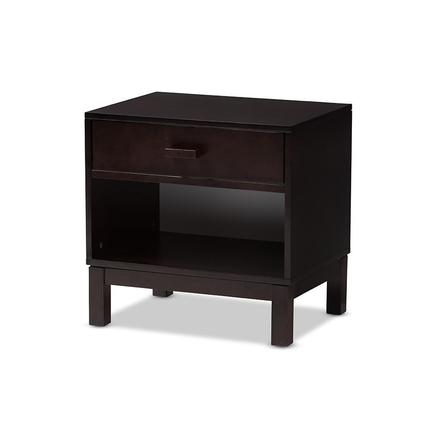 Deirdre Modern and Contemporary Dark Brown Wood 1-Drawer Nightstand. Picture 1