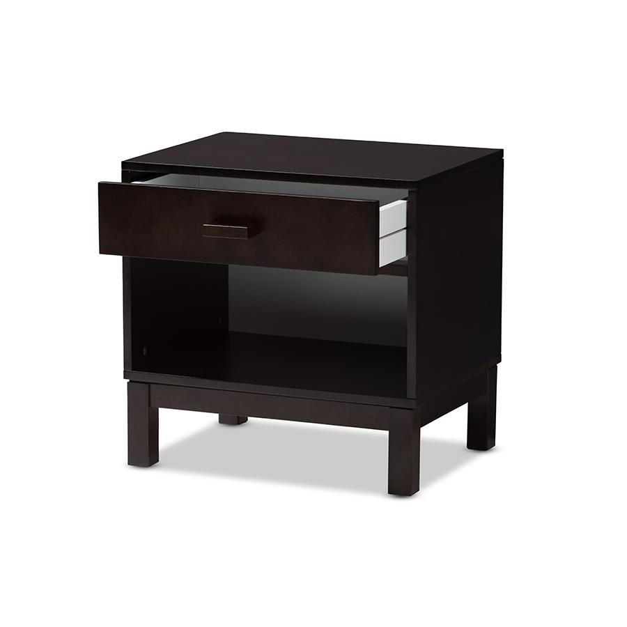 Deirdre Modern and Contemporary Dark Brown Wood 1-Drawer Nightstand. Picture 3
