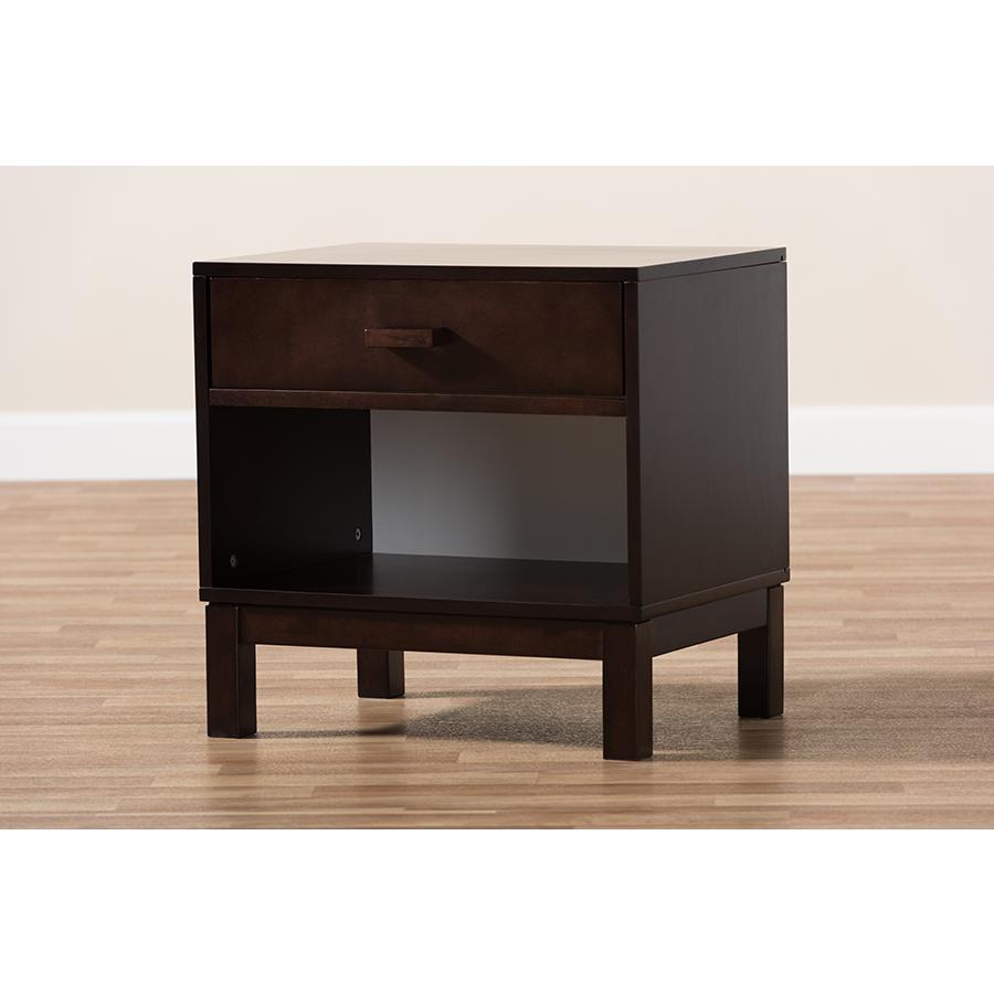 Deirdre Modern and Contemporary Dark Brown Wood 1-Drawer Nightstand. Picture 10