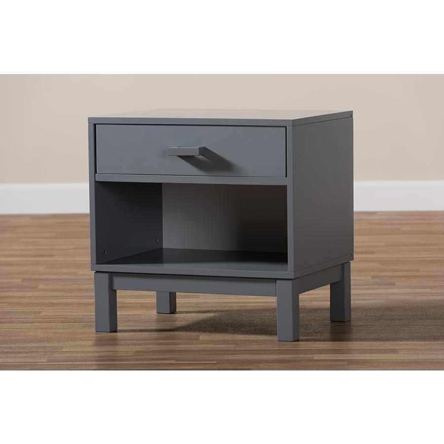 Deirdre Modern and Contemporary Grey Wood 1-Drawer Nightstand. Picture 10