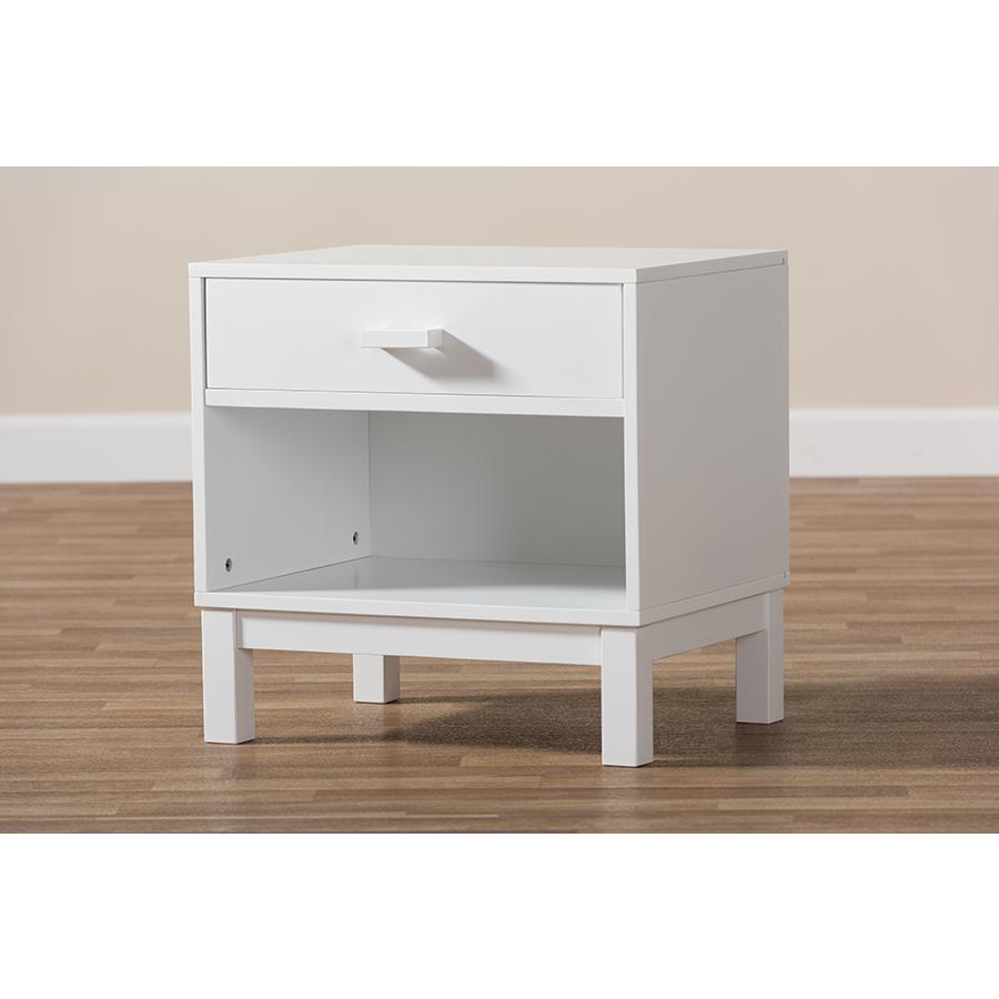 Deirdre Modern and Contemporary White Wood 1-Drawer Nightstand. Picture 10