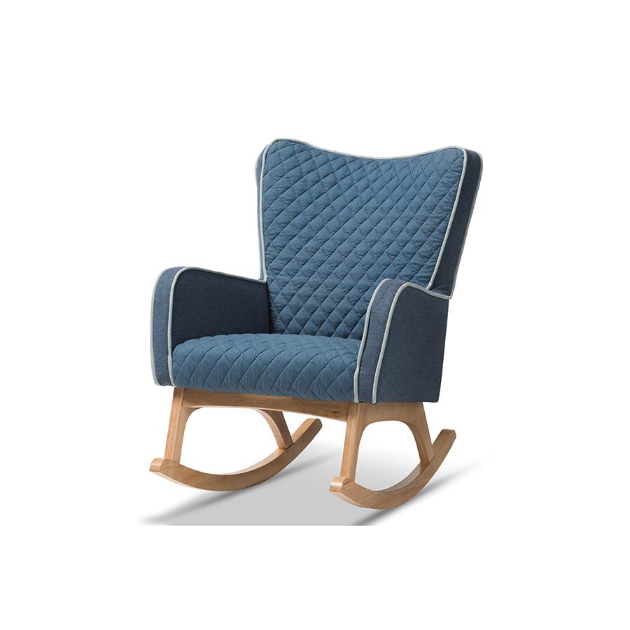 Zoelle Mid-Century Modern Blue Fabric Upholstered Natural Finished Rocking Chair. Picture 1