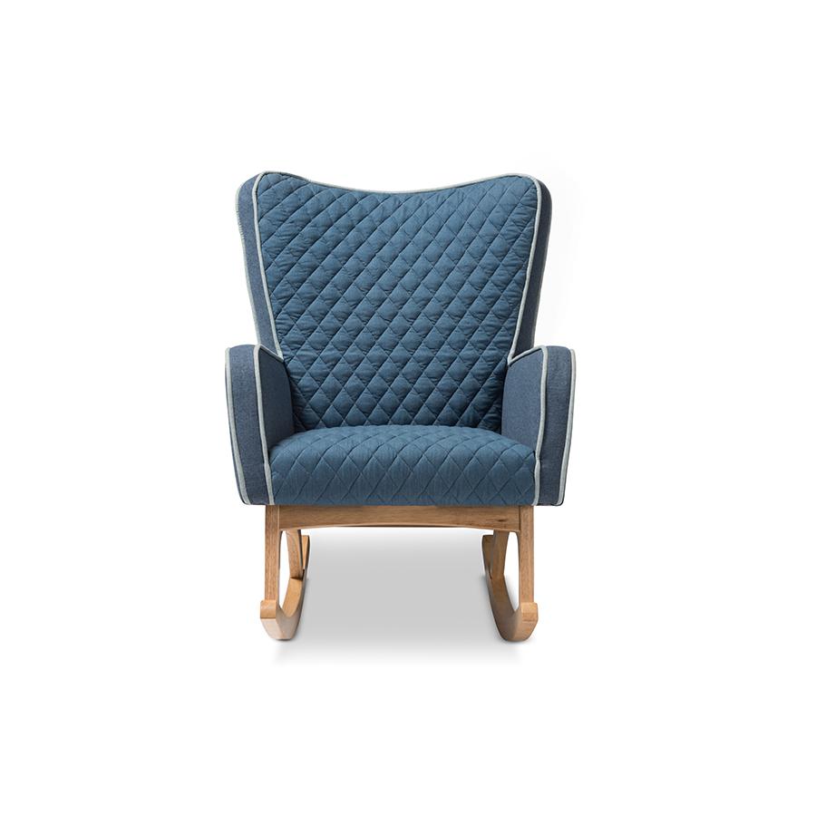 Zoelle Mid-Century Modern Blue Fabric Upholstered Natural Finished Rocking Chair. Picture 3