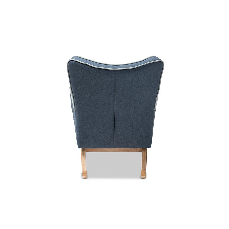 Zoelle Mid-Century Modern Blue Fabric Upholstered Natural Finished Rocking Chair. Picture 5