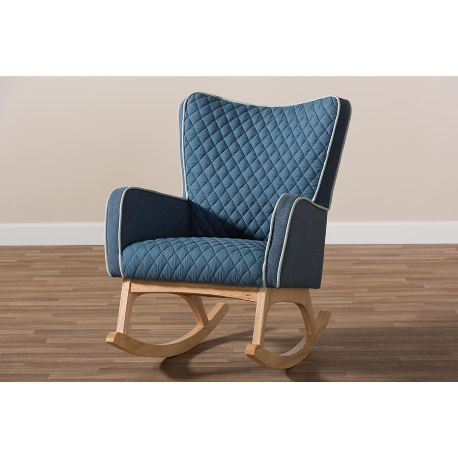 Zoelle Mid-Century Modern Blue Fabric Upholstered Natural Finished Rocking Chair. Picture 9