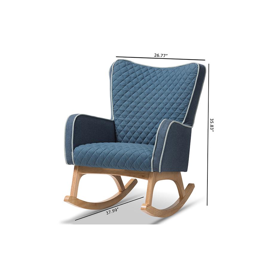 Zoelle Mid-Century Modern Blue Fabric Upholstered Natural Finished Rocking Chair. Picture 9