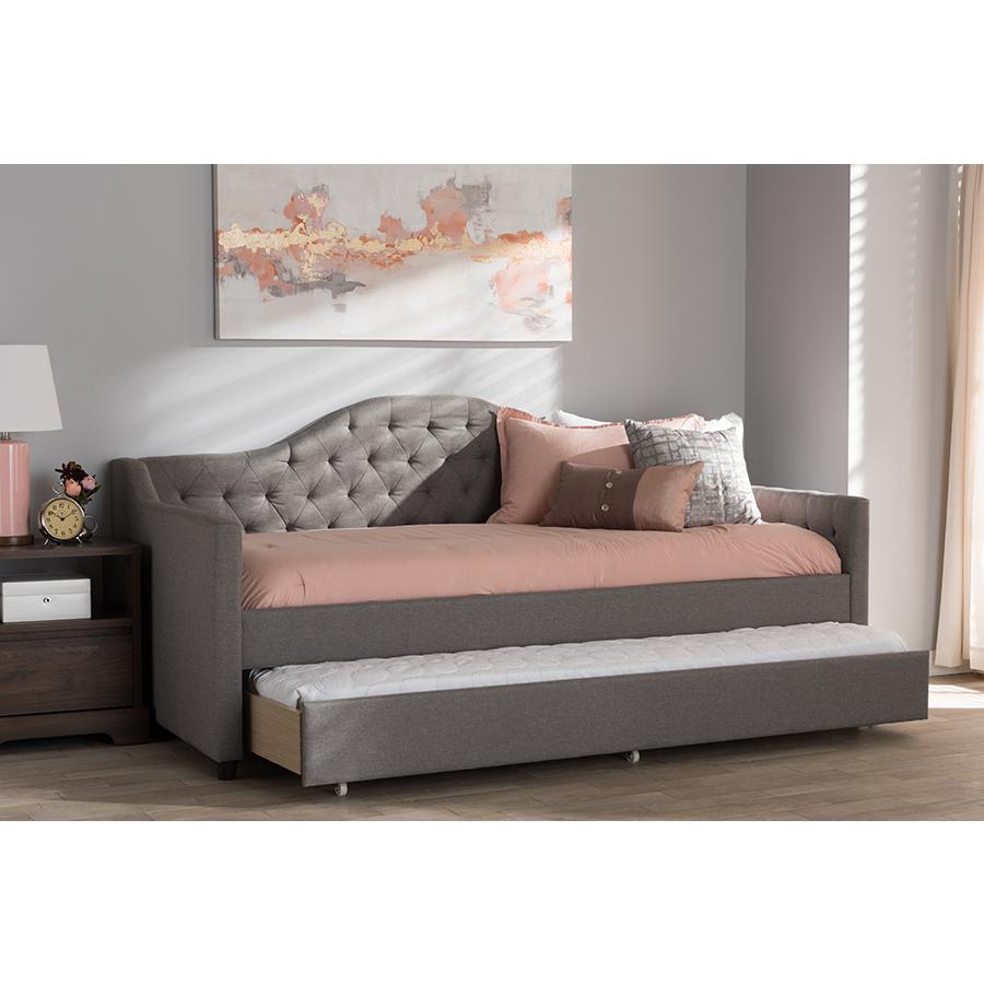 Perry Modern and Contemporary Light Grey Fabric Daybed with Trundle. Picture 9