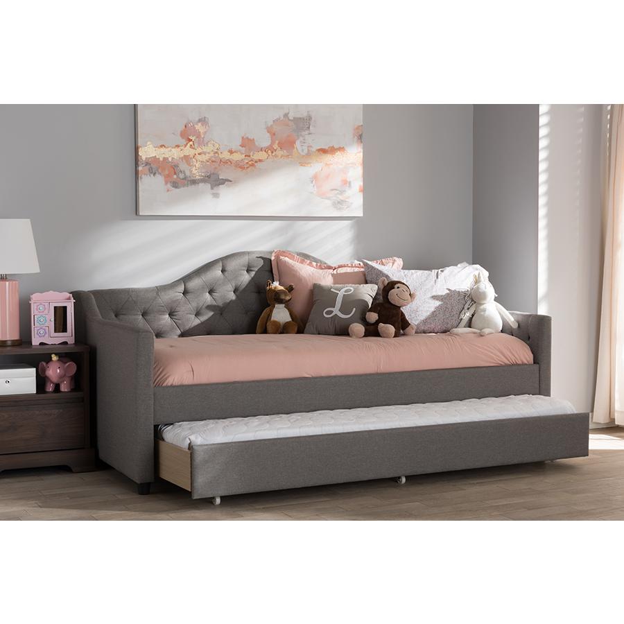 Perry Modern and Contemporary Light Grey Fabric Daybed with Trundle. Picture 10