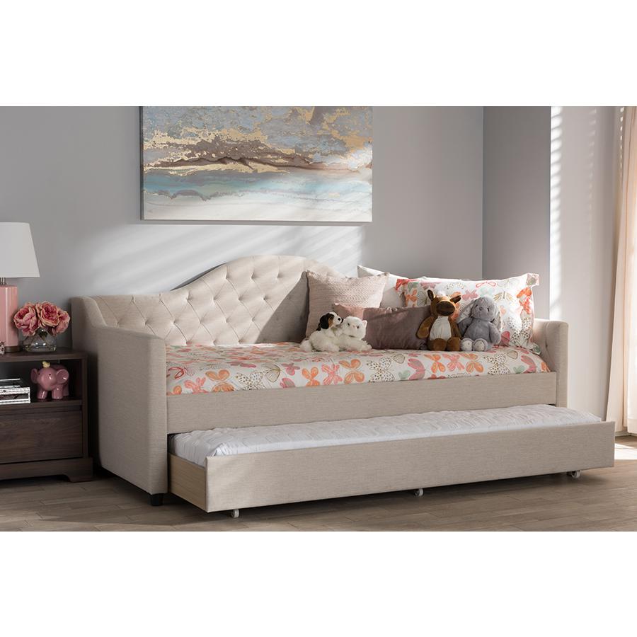 Perry Modern and Contemporary Light Beige Fabric Daybed with Trundle. Picture 2