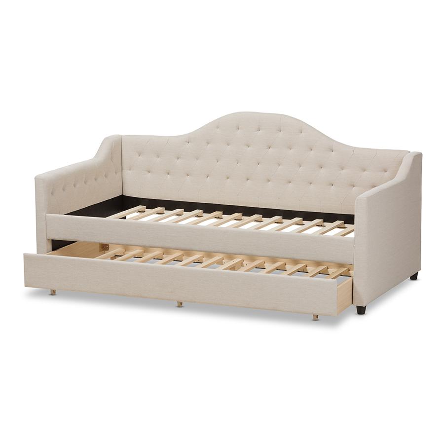 Perry Modern and Contemporary Light Beige Fabric Daybed with Trundle. Picture 6