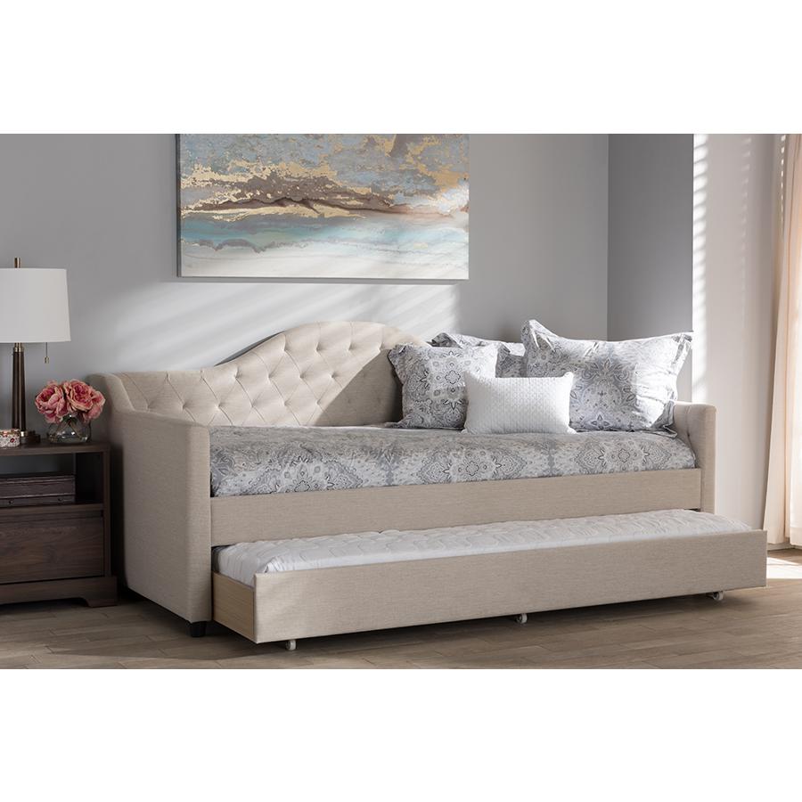 Perry Modern and Contemporary Light Beige Fabric Daybed with Trundle. Picture 9