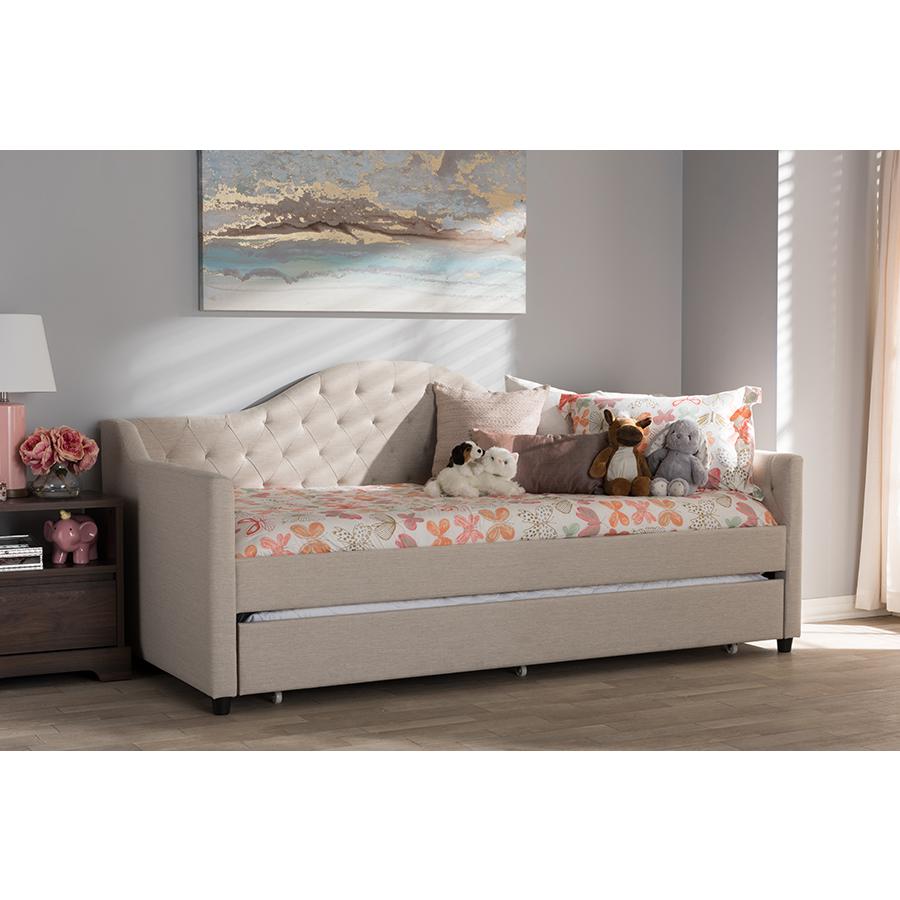 Perry Modern and Contemporary Light Beige Fabric Daybed with Trundle. Picture 10