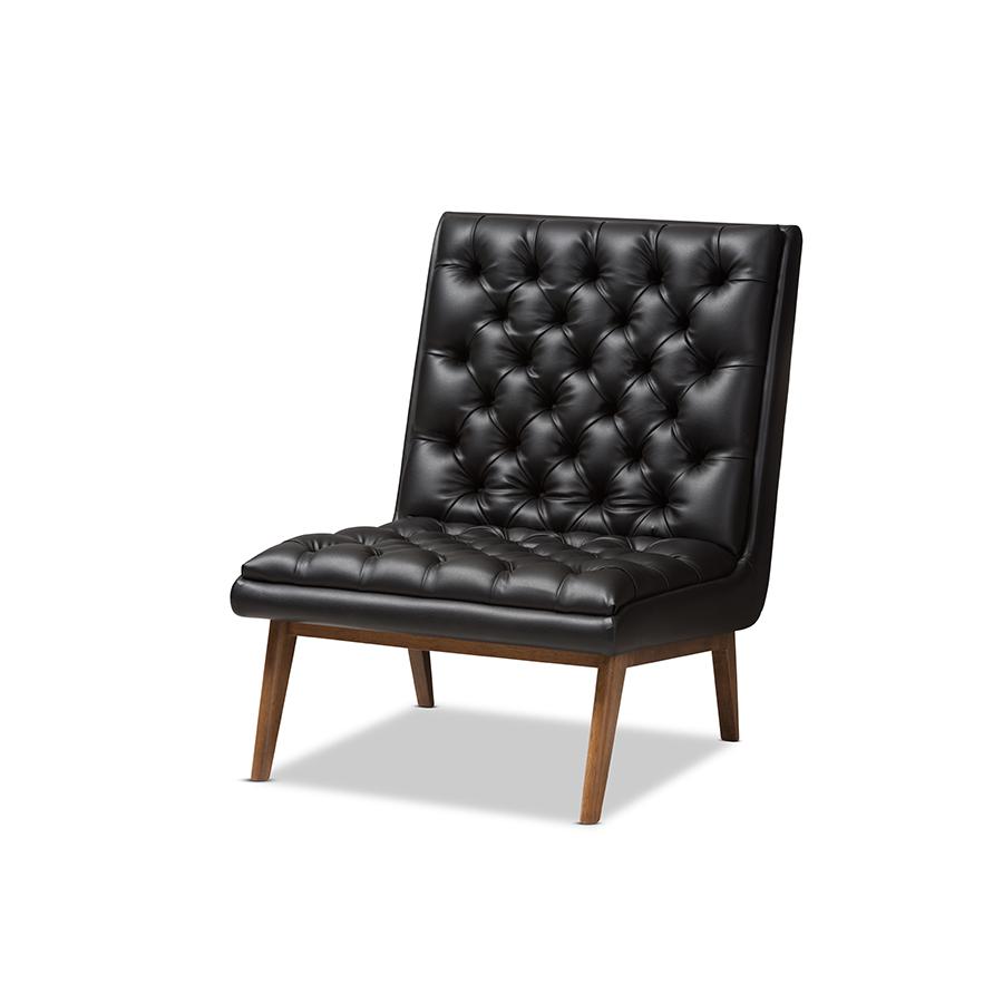 Annetha Mid-Century Modern Black Faux Leather Upholstered Walnut Finished Wood Lounge Chair. Picture 1