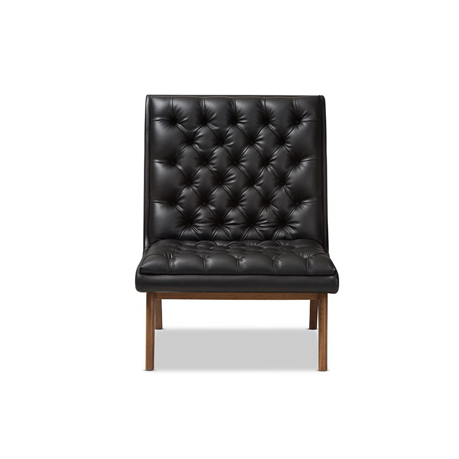 Annetha Mid-Century Modern Black Faux Leather Upholstered Walnut Finished Wood Lounge Chair. Picture 3