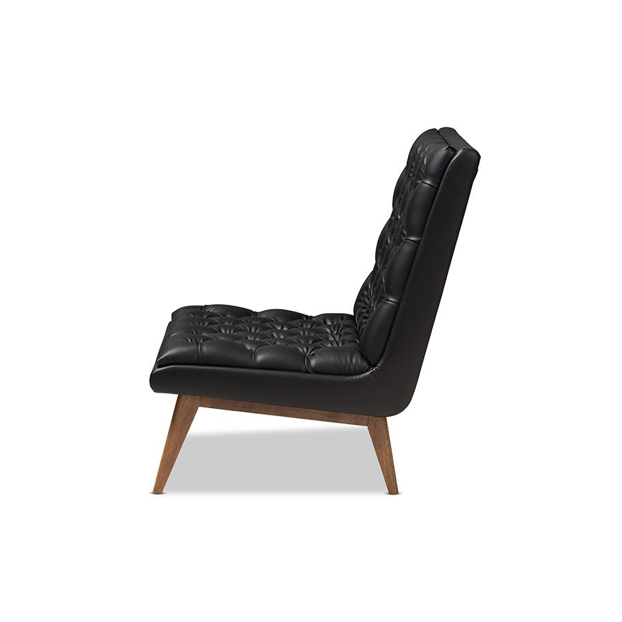 Annetha Mid-Century Modern Black Faux Leather Upholstered Walnut Finished Wood Lounge Chair. Picture 4