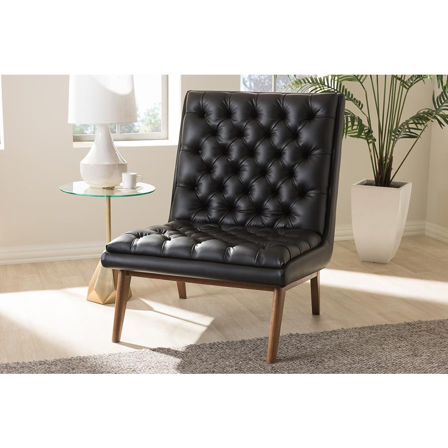 Annetha Mid-Century Modern Black Faux Leather Upholstered Walnut Finished Wood Lounge Chair. Picture 2