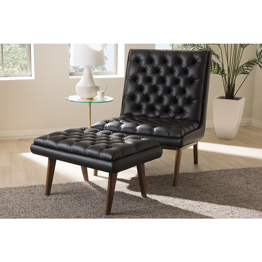 Baxton Studio Annetha Mid-Century Modern Black Faux Leather Upholstered Walnut Finished Wood Chair And Ottoman Set. Picture 1