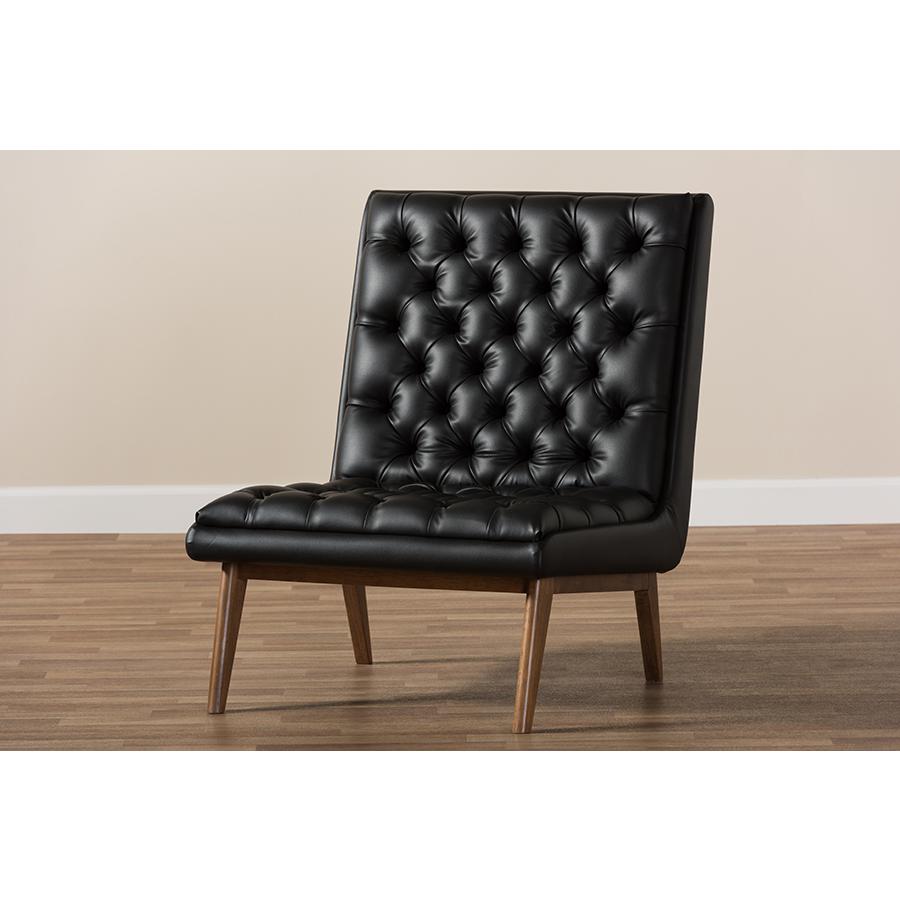 Annetha Mid-Century Modern Black Faux Leather Upholstered Walnut Finished Wood Lounge Chair. Picture 9