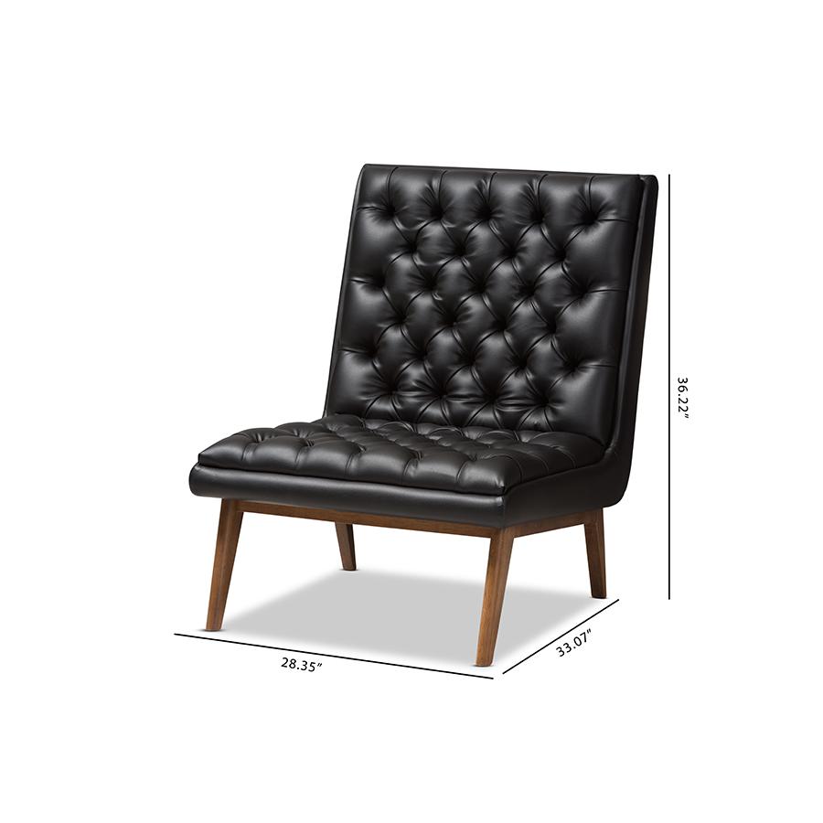 Annetha Mid-Century Modern Black Faux Leather Upholstered Walnut Finished Wood Lounge Chair. Picture 10