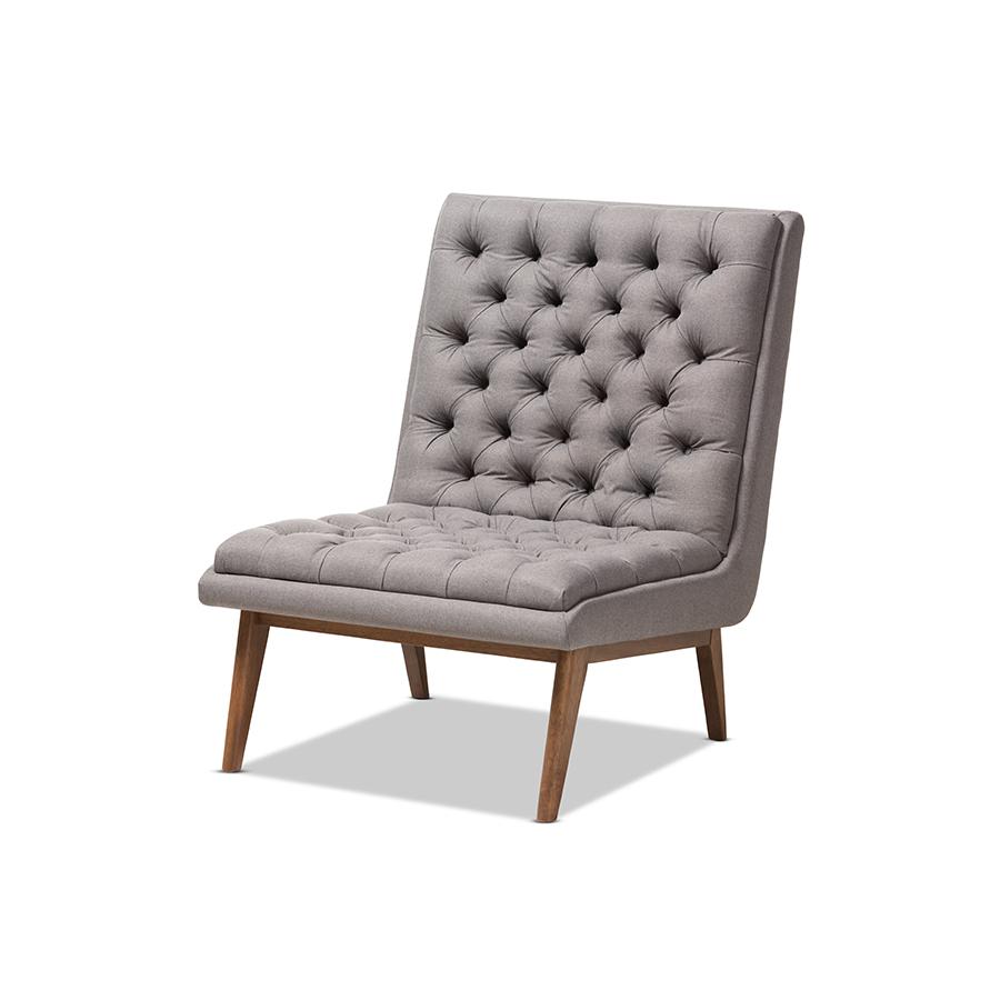 Annetha Mid-Century Modern Grey Fabric Upholstered Walnut Finished Wood Lounge Chair. Picture 1