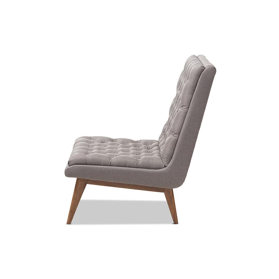 Annetha Mid-Century Modern Grey Fabric Upholstered Walnut Finished Wood Lounge Chair. Picture 4