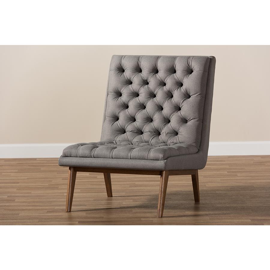 Annetha Mid-Century Modern Grey Fabric Upholstered Walnut Finished Wood Lounge Chair. Picture 9