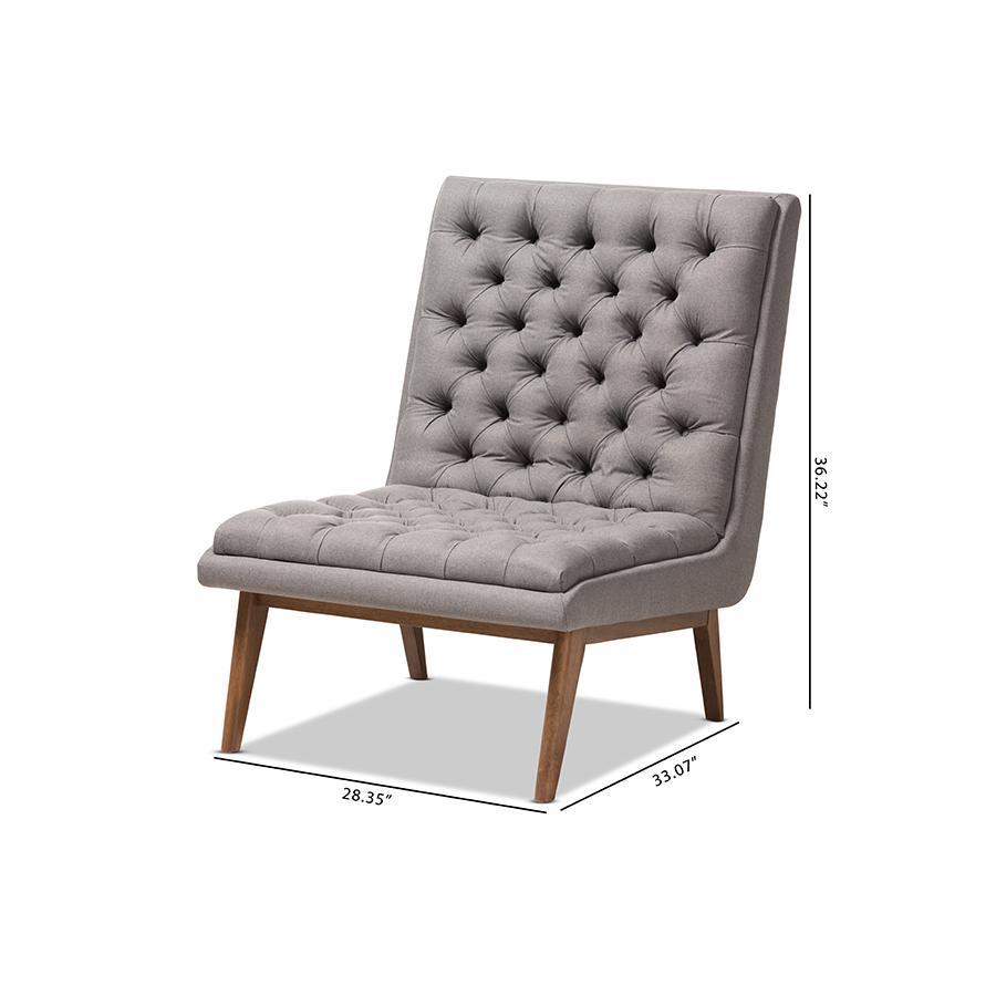 Annetha Mid-Century Modern Grey Fabric Upholstered Walnut Finished Wood Lounge Chair. Picture 10