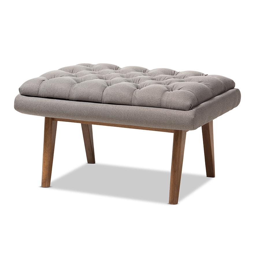 Annetha Mid-Century Modern Grey Fabric Upholstered Walnut Finished Wood Ottoman. Picture 1