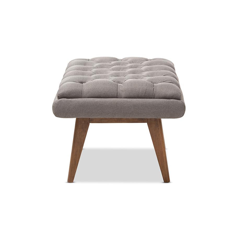 Annetha Mid-Century Modern Grey Fabric Upholstered Walnut Finished Wood Ottoman. Picture 4