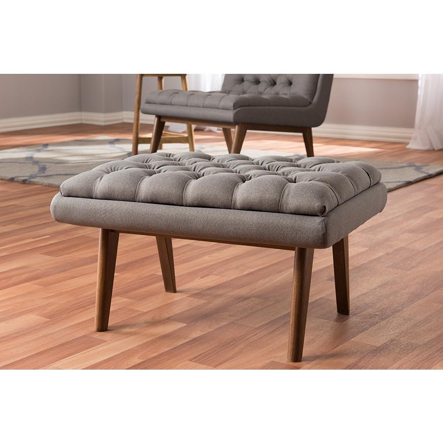 Annetha Mid-Century Modern Grey Fabric Upholstered Walnut Finished Wood Ottoman. Picture 2
