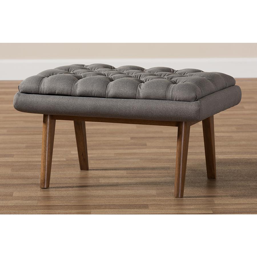 Annetha Mid-Century Modern Grey Fabric Upholstered Walnut Finished Wood Ottoman. Picture 7