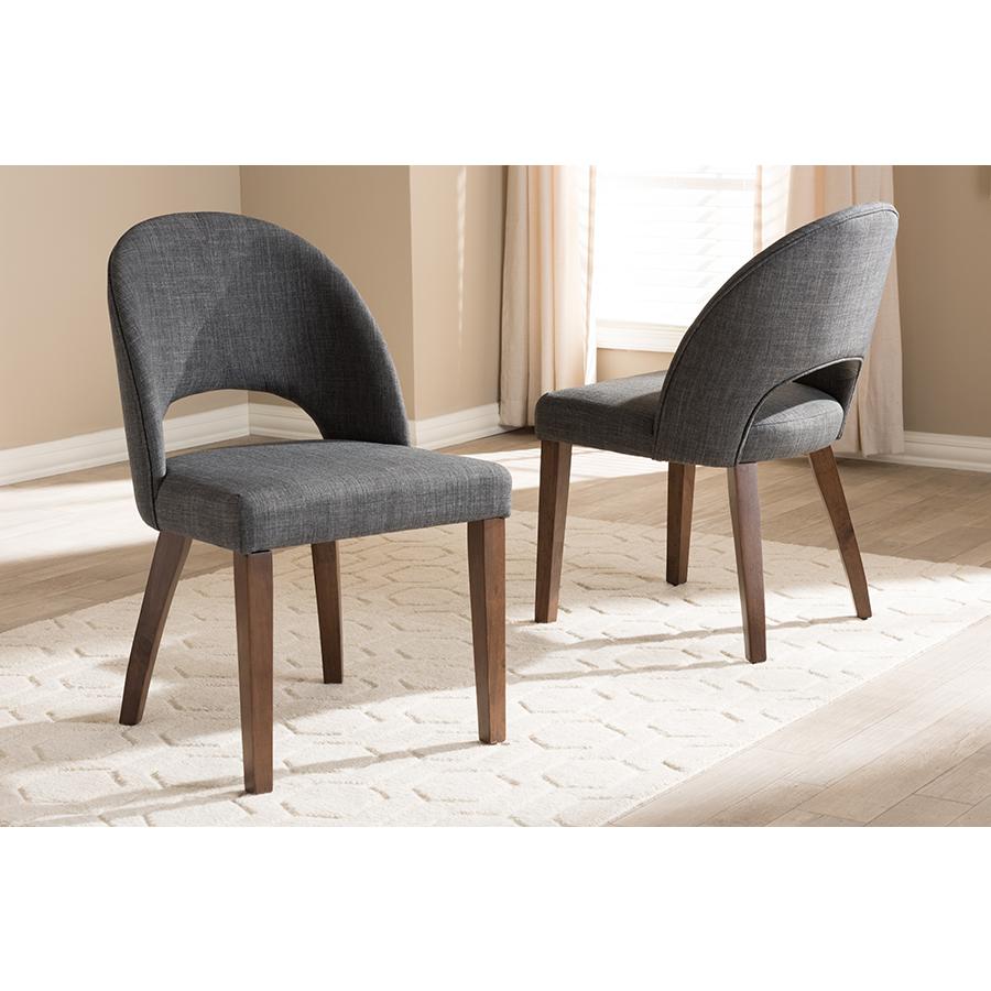 Wesley Mid-Century Modern Dark Grey Fabric Upholstered Walnut Finished Wood Dining Chair Set. Picture 2
