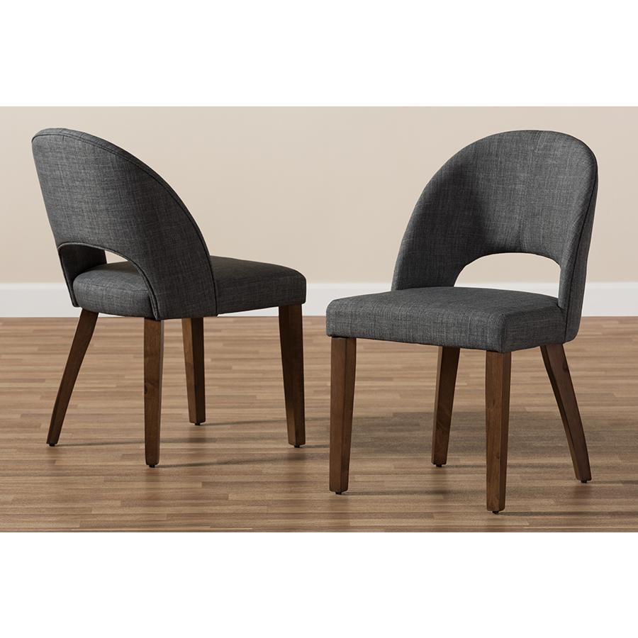 Wesley Mid-Century Modern Dark Grey Fabric Upholstered Walnut Finished Wood Dining Chair Set. Picture 8