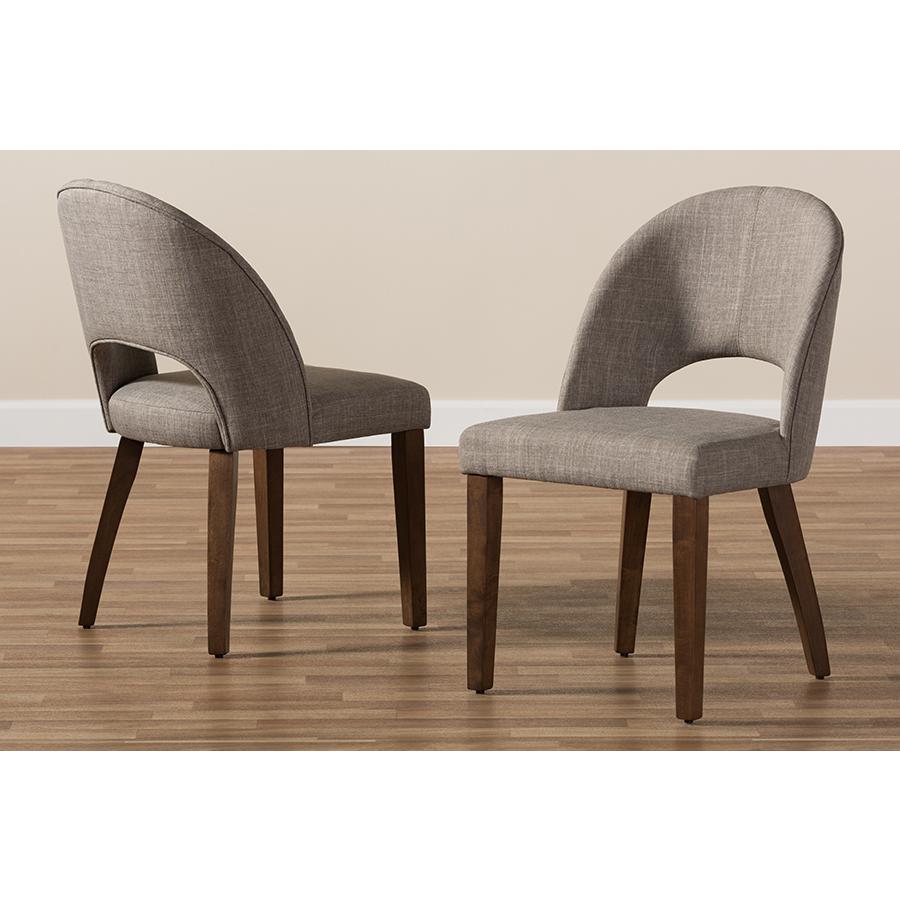 Wesley Mid-Century Modern Light Grey Fabric Upholstered Walnut Finished Wood Dining Chair Set. Picture 8