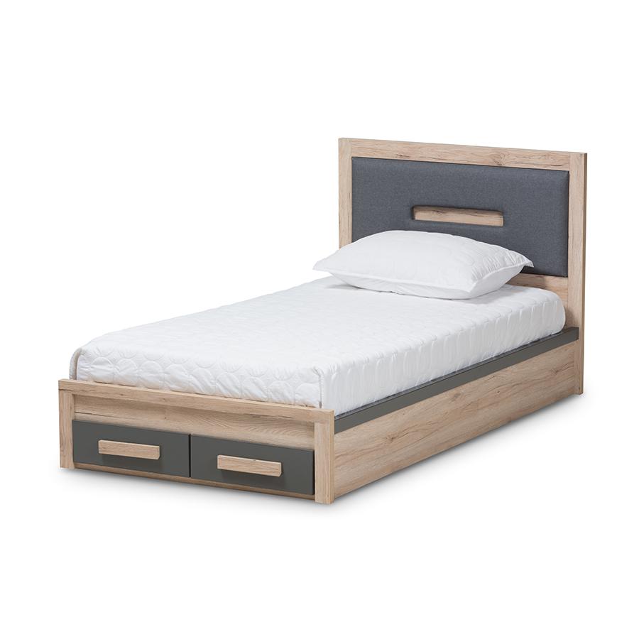 Pandora Modern and Contemporary Dark Grey and Light Brown Two-Tone 2-Drawer Twin Size Storage Platform Bed. Picture 1