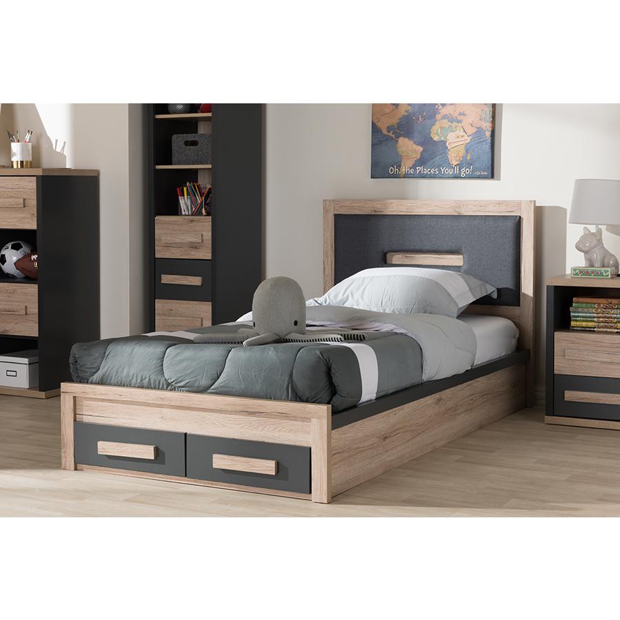 Pandora Modern and Contemporary Dark Grey and Light Brown Two-Tone 2-Drawer Twin Size Storage Platform Bed. Picture 2