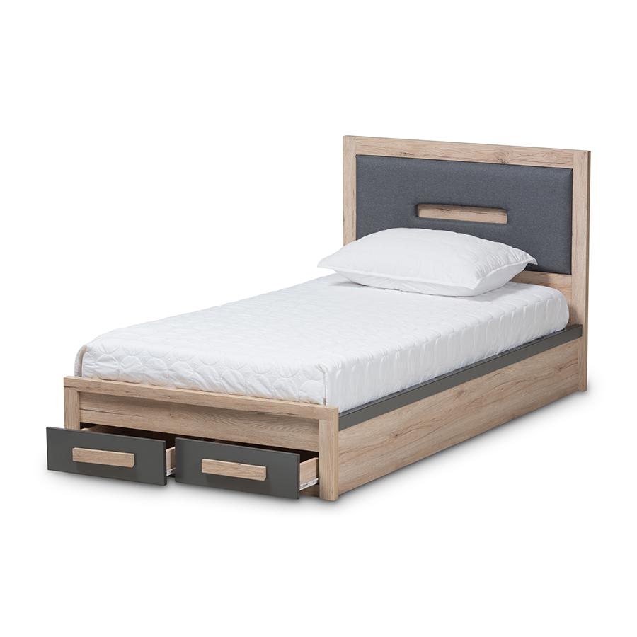 Pandora Modern and Contemporary Dark Grey and Light Brown Two-Tone 2-Drawer Twin Size Storage Platform Bed. Picture 3