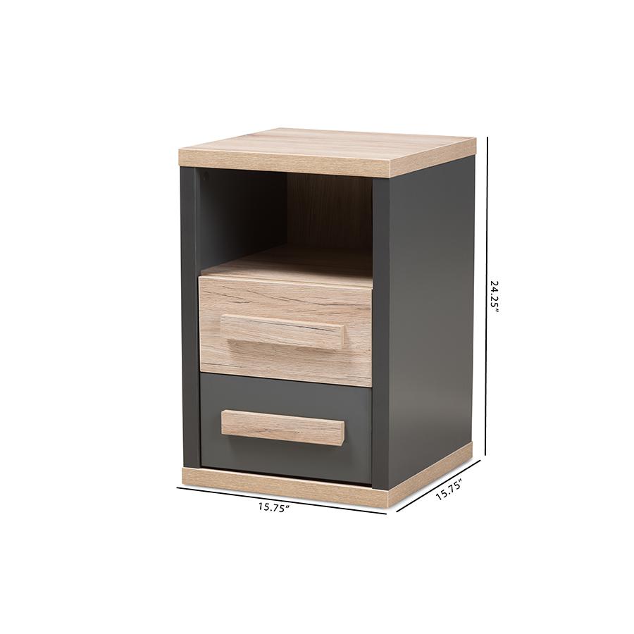 Pandora Modern and Contemporary Dark Grey and Light Brown Two-Tone 2-Drawer Nightstand. Picture 11