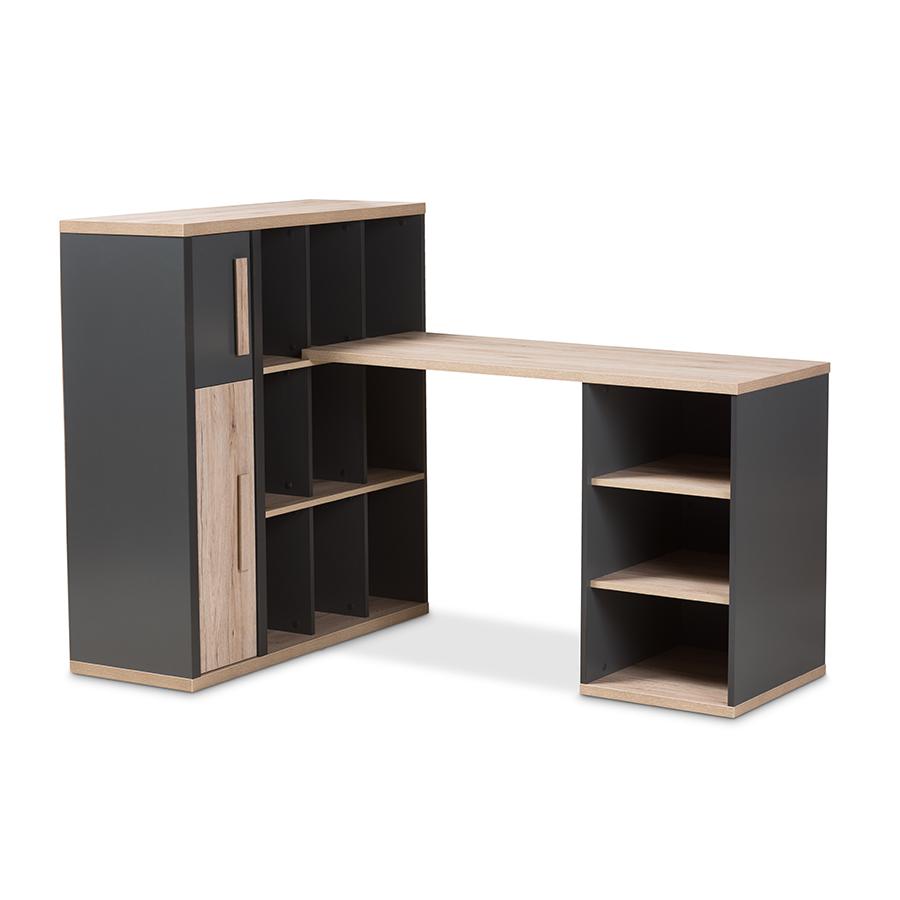 Pandora Modern and Contemporary Dark Grey and Light Brown Two-Tone Study Desk with Built-in Shelving Unit. Picture 1