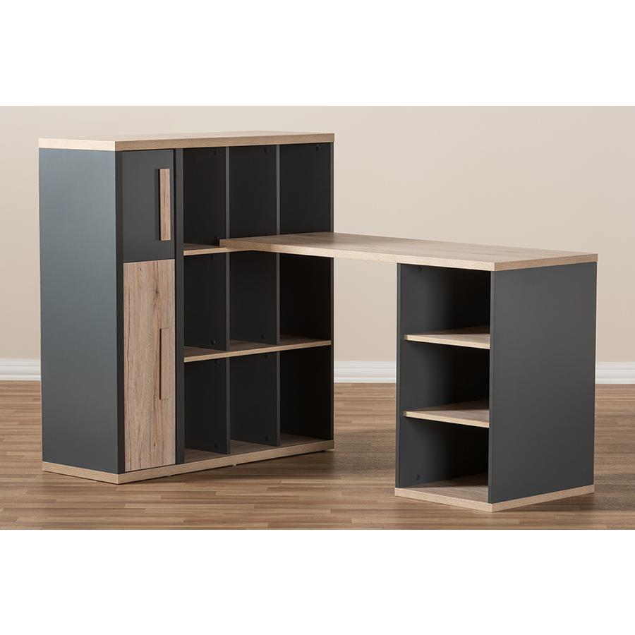 Pandora Modern and Contemporary Dark Grey and Light Brown Two-Tone Study Desk with Built-in Shelving Unit. Picture 9