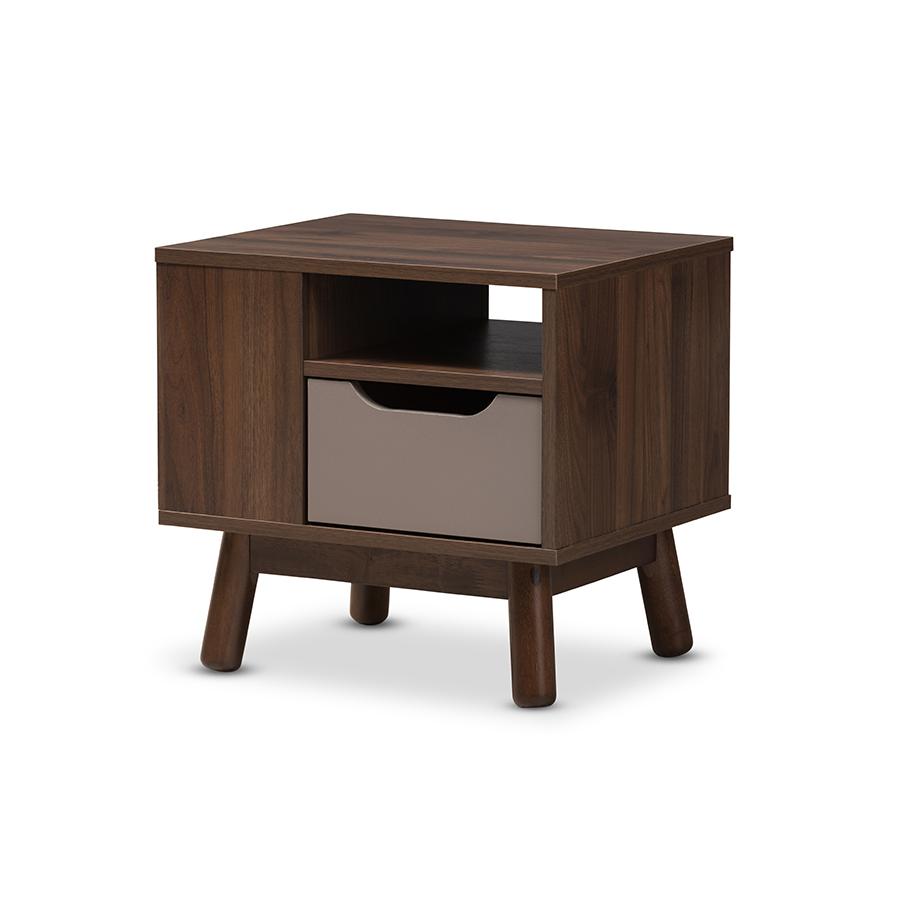 Britta Mid-Century Modern Walnut Brown and Grey Two-Tone Finished Wood Nightstand. Picture 1