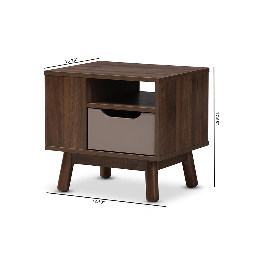 Britta Mid-Century Modern Walnut Brown and Grey Two-Tone Finished Wood Nightstand. Picture 10