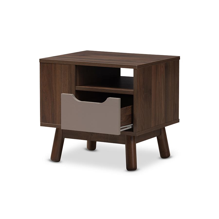 Britta Mid-Century Modern Walnut Brown and Grey Two-Tone Finished Wood Nightstand. Picture 2