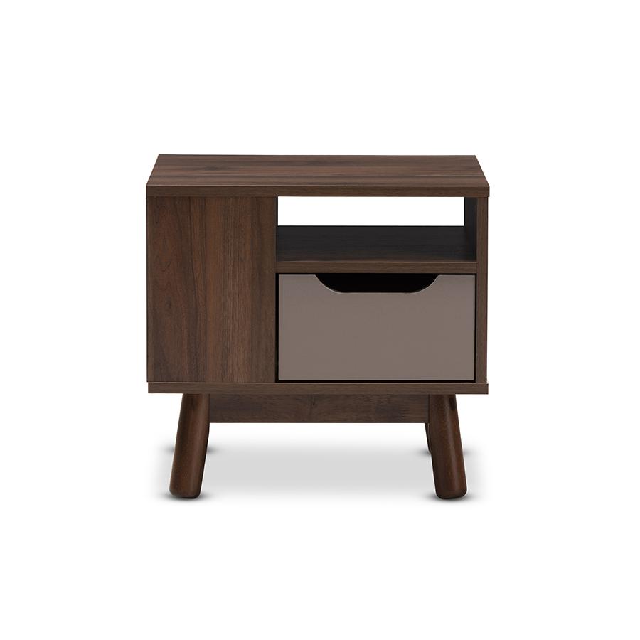 Britta Mid-Century Modern Walnut Brown and Grey Two-Tone Finished Wood Nightstand. Picture 3