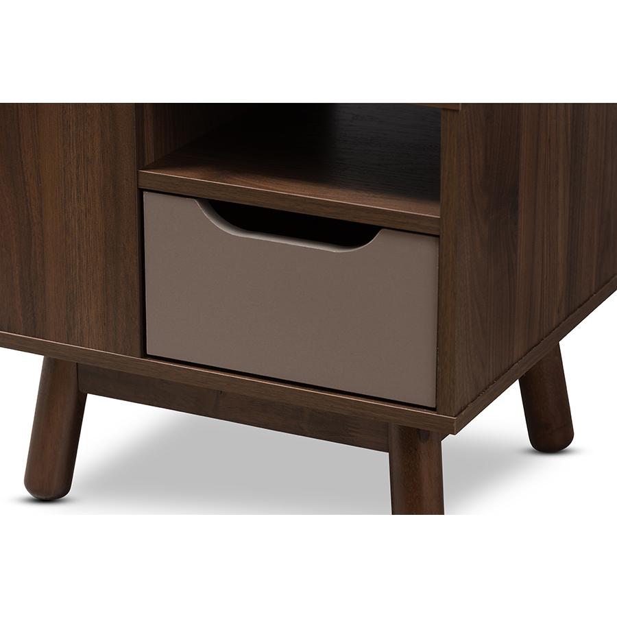 Britta Mid-Century Modern Walnut Brown and Grey Two-Tone Finished Wood Nightstand. Picture 5