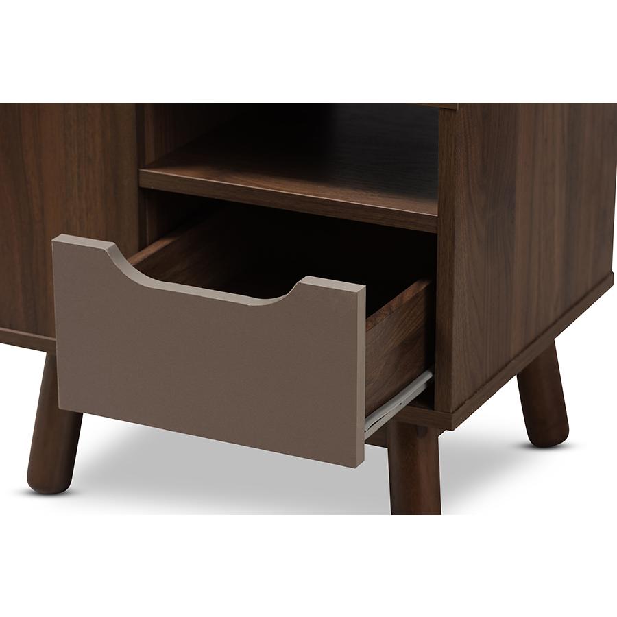Britta Mid-Century Modern Walnut Brown and Grey Two-Tone Finished Wood Nightstand. Picture 6