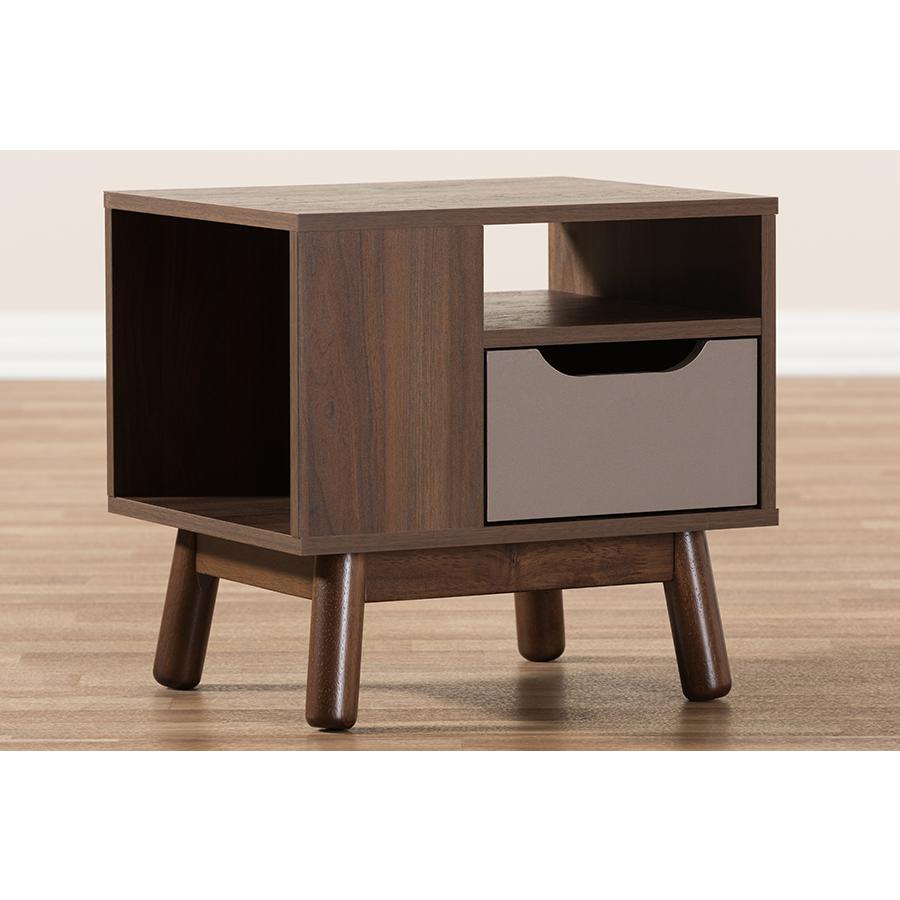 Britta Mid-Century Modern Walnut Brown and Grey Two-Tone Finished Wood Nightstand. Picture 9