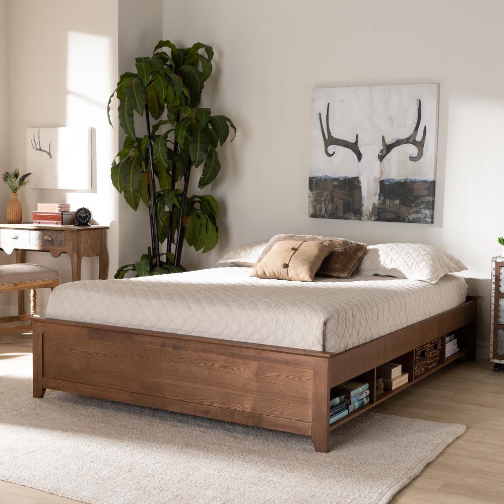 Brown Finished Wood King Size Platform Storage Bed Frame with Built-In Shelves. Picture 12