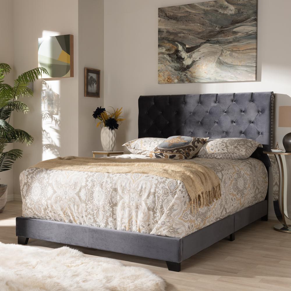 Candace Luxe and Glamour Dark Grey Velvet Upholstered King Size Bed. Picture 16